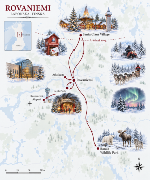 Zimski zemljevid Rovaniemija in Laponske